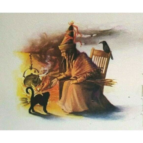 Halloween Fantasy Postcard Witch Crow Cauldron Black Cat Gibson Unused Original
